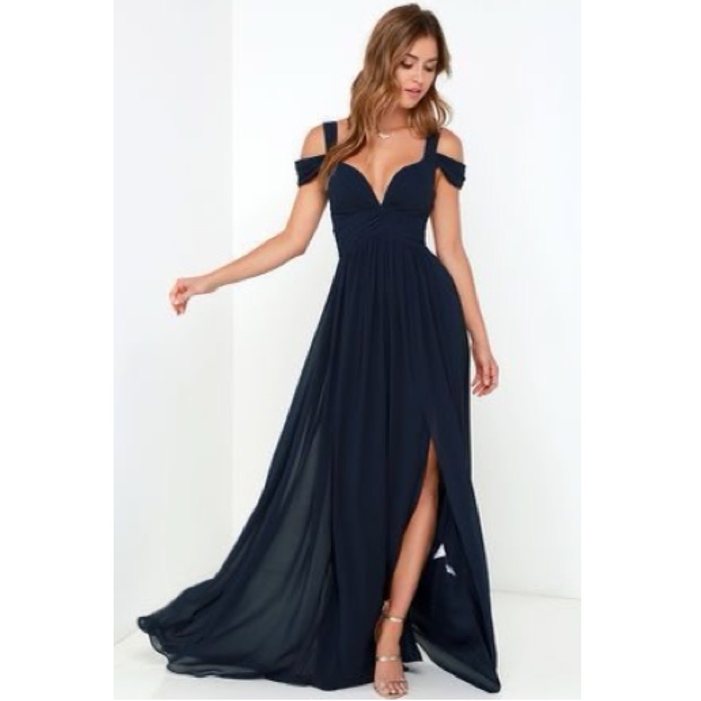 Beautiful Navy Maxi Dress, Off-Shoulder Detail
